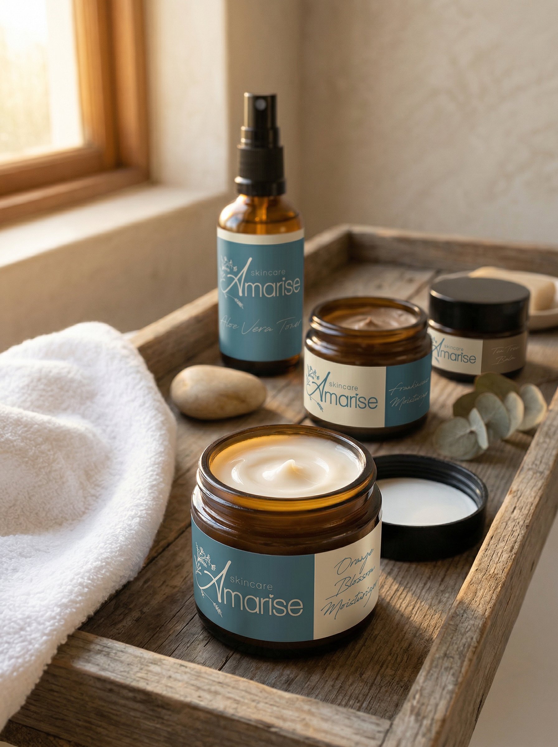 Amarise skincare products on natural linen